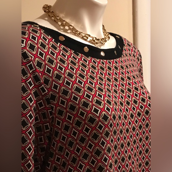 DANA BUCHMAN RED GEOMETRIC PRINT LONG SLEEVE STRETCH TUNIC TOP SHIRT ~Size M - Picture 3 of 9